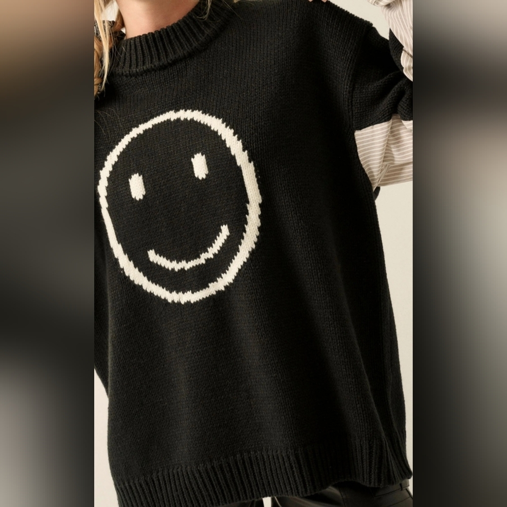 #6284 🩷 🛑M Chic Trendy Smiley Face Contrast Oversize Sweater - Picture 2 of 13